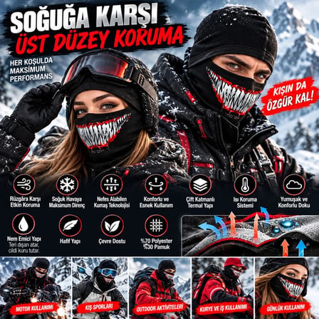 Rüzgâr Geçirmez Kask İçi Nefes Alan Viskoz Tam Yüz Balaklava & Termal Boyunluk(unisex)