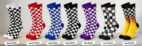 Biçomi Gün Boyu Kaymayan, Nefes Alan Pamuklu 7’li Unisex Soket Çorap Seti (Dama & Alev Desenli)