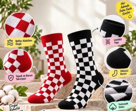 Biçomi Gün Boyu Kaymayan, Nefes Alan Pamuklu 7’li Unisex Soket Çorap Seti (Dama & Alev Desenli)