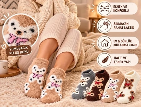 Biçomi Kadın Ekstra Sıcak Tutan Parfümlü Pelüş Yumoş Patik Çorap (8'li Avantaj Paketi)