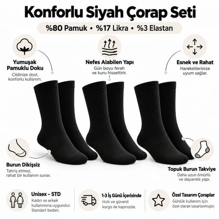 Biçomi Gün Boyu Kaymayan ve Terletmeyen Konforlu Pamuklu Unisex Siyah Soket Çorap (3'lü Set)