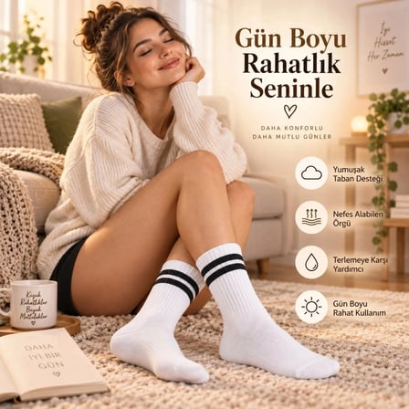 Kaymayan, Nefes Alan Çift Çizgili Kolej Stil Unisex Pamuklu Uzun Soket Çorap (12’li Avantaj Paketi)