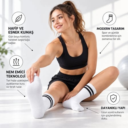 Kaymayan, Nefes Alan Çift Çizgili Kolej Stil Unisex Pamuklu Uzun Soket Çorap (12’li Avantaj Paketi)