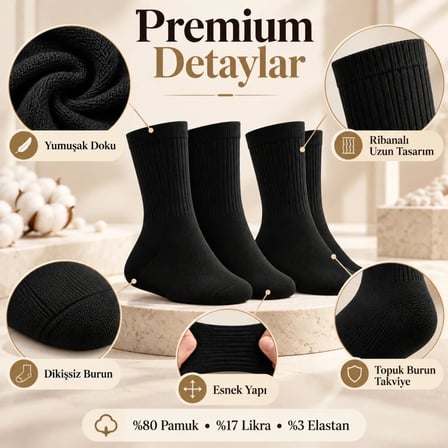 Biçomi Gün Boyu Kaymayan ve Terletmeyen Konforlu Pamuklu Unisex Siyah Soket Çorap (3'lü Set)