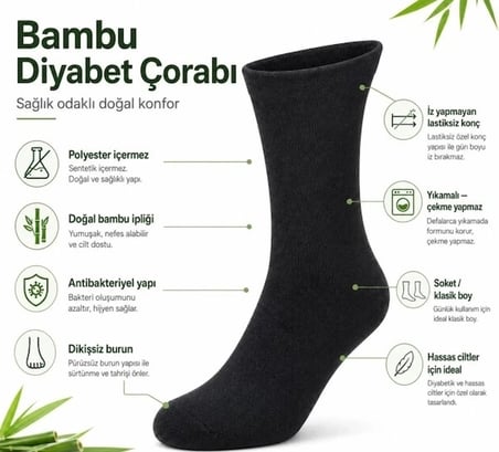 Biçomi Bambu Diyabet Çorabı (3’lü Paket, Lastiksiz, Dikişsiz Burun, Siyah, Uzun Konç)