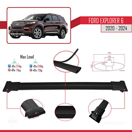 Ford Explorer 6 2020-2024 Arası ile Uyumlu FLY Model Ara Atkı Tavan Barı Siyah 3 Adet