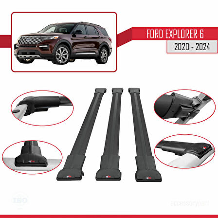 Ford Explorer 6 2020-2024 Arası ile Uyumlu FLY Model Ara Atkı Tavan Barı Siyah 3 Adet