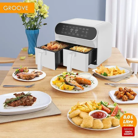 Groove Max Plus XXL 1800W (4Lt+4Lt) 8Lt Çift Hazneli Smart Airfryer Air Fryer Yağsız Sıcak Hava Fritözü Beyaz