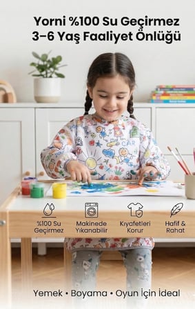 3-6 yaş, Family, Sıvı Geçirmez, Uzun Kollu Çocuk Faaliyet Aktivite Boyama Önlüğü