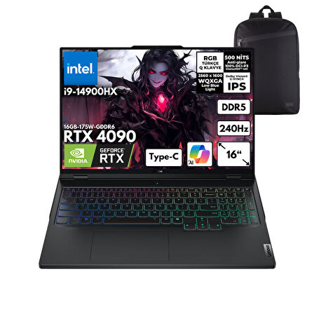 Lenovo Legion Pro 7 16IRX9H i9-14900HX 32-GBDDR5 4 TBSSD RTX4090 (16GB-175W-GDDR6) 16" WQXGA 240Hz Windows 11 Home + HMF Sırt Çantası 83DE002KTRHMF3
