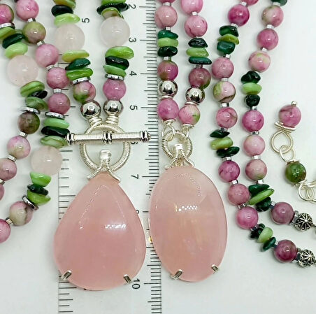 2890 Madagaskar pembe oval Kuvars Sedef Yeşim el yapımı kolye