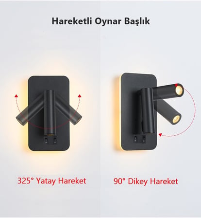 Tuvalu Dekoratif Yatak Başı Lambası Cata13 Watt Gün Işığı Çift Kademeli Baş Ucu Kitap Okuma Lambası Led Aplik Gece Lambası Siyah