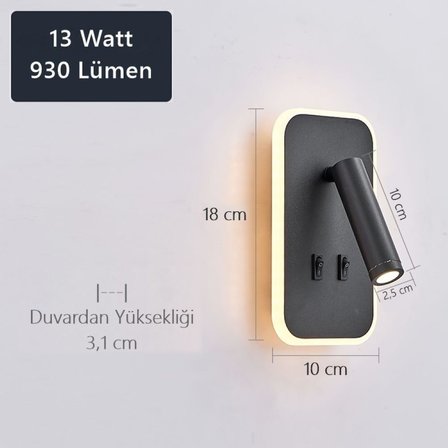 Tuvalu Dekoratif Yatak Başı Lambası Cata13 Watt Gün Işığı Çift Kademeli Baş Ucu Kitap Okuma Lambası Led Aplik Gece Lambası Siyah