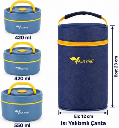 Valkyrie 3 Göz Taraftar 304 Paslanmaz Çelik Yemek Lunch Box 420+420+550 ml Isı Yalıtımlı Çantalı