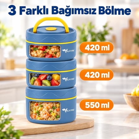Valkyrie 3 Göz Taraftar 304 Paslanmaz Çelik Yemek Lunch Box 420+420+550 ml Isı Yalıtımlı Çantalı