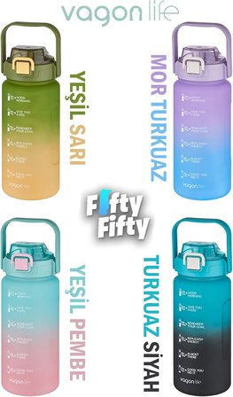 1500ml -Yenilenen Renkler- Pipetli/Pipetsiz Kullanım Çift Renk SoftTouch Motivasyon Matarası Çıkartma Hediyeli