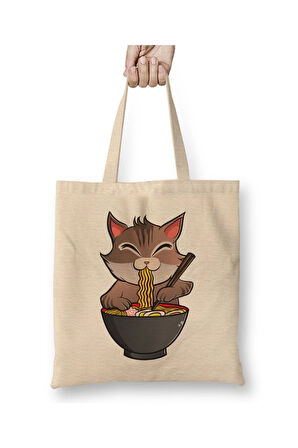 Cute & Funny Anime Kitty Ramen Kawaii Cat Beyaz Bez Çanta Uzun Saplı Alışveriş Çantası Plaj Çantası