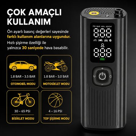 Kablosuz Akıllı Hava Pompası 120 PSI Dijital Göstergeli Type-C Şarjlı Lastik Şişirme Kompresörü Otomatik Basınç Ayarlı LED Işıklı