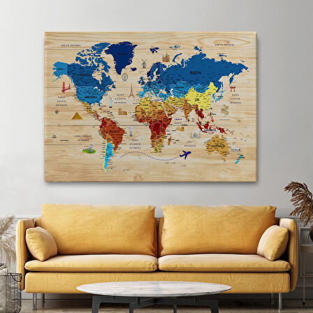 Harita Sepeti Ahşap Görünümlü Türkçe Dünya Haritası Sembollü Eğitici Dekoratif Kanvas Tablo 2891