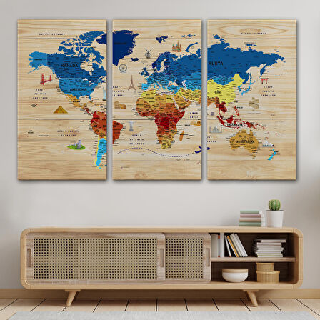 Harita Sepeti Ahşap Görünümlü Türkçe Dünya Haritası Sembollü Eğitici Dekoratif Kanvas Tablo 2891