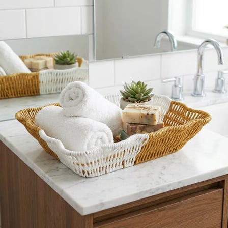 Dikdörtgen Çift Renkli Plastik Rattan Ekmek ve Meyve Sepeti - Çok Amaçlı Banyo ve Mutfak Düzenleyici