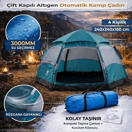 4 Kişilik Otomatik Kamp Çadırı – Altıgen Tasarım, Çift Kapılı, Suya Dayanıklı, Hızlı Kurulumlu Geniş