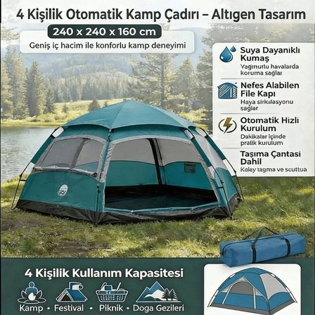 4 Kişilik Otomatik Kamp Çadırı – Altıgen Tasarım, Çift Kapılı, Suya Dayanıklı, Hızlı Kurulumlu Geniş