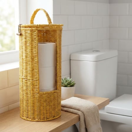 Askılı Plastik Rattan Tuvalet Kâğıdı Standı – Hasır Görünümlü, Kapaklı, Yedekli WC Kâğıtlık, Banyo v