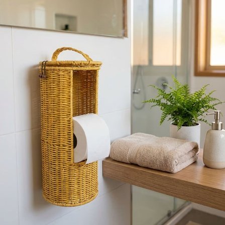 Askılı Plastik Rattan Tuvalet Kâğıdı Standı – Hasır Görünümlü, Kapaklı, Yedekli WC Kâğıtlık, Banyo v