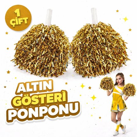 1 Çift ( 2 Adet ) Altın Renk 23 Nisan 19 Mayıs 29 Ekim Okul Gösteri Ponponları Ekstra Dolgun (2)