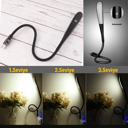 USB Girişli 14 Ledli 3 Kademeli Dokunmatik Masa/Kitap Okuma Lambası Ledi Siyah (2)