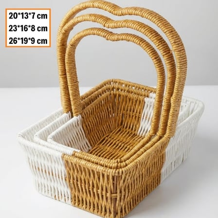 İç İçe Geçebilen 3’lü Çift Renkli Dikdörtgen Formlu Kalp Saplı Plastik Rattan Sepet Seti – Hasır Gör