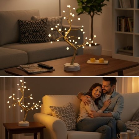 Masaüstü Boncuklu Şarjlı Ağaç Lamba – 3 Kademeli Dokunmatik Işık, Dekoratif LED Masaüstü Ortam Aydın