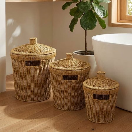 3’lü İç İçe Geçebilen Büyük Plastik Rattan Hasır Sepet Seti-Dayanıklı Çok Amaçlı Ev,Banyo ve Mutfak 