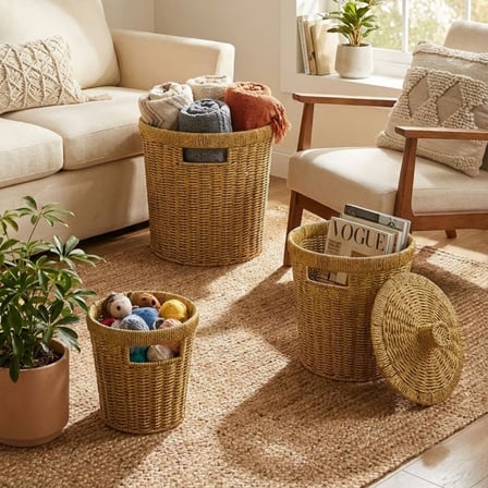 3’lü İç İçe Geçebilen Büyük Plastik Rattan Hasır Sepet Seti-Dayanıklı Çok Amaçlı Ev,Banyo ve Mutfak 