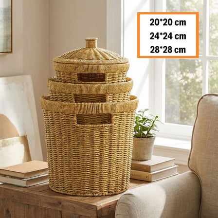 3’lü İç İçe Geçebilen Büyük Plastik Rattan Hasır Sepet Seti-Dayanıklı Çok Amaçlı Ev,Banyo ve Mutfak 