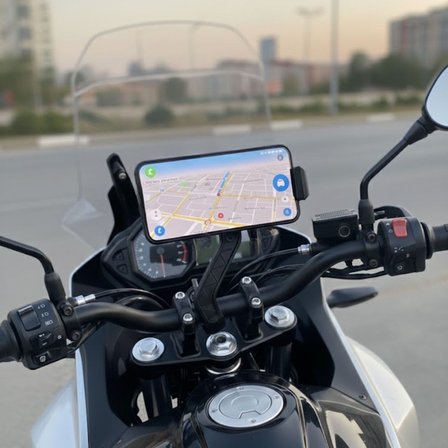 Motosiklet Gidon Telefon Tutucu–360° Döner, Kaymaz Sabitleme Sistemli, Sarsıntı Önleyici Telefon Tut