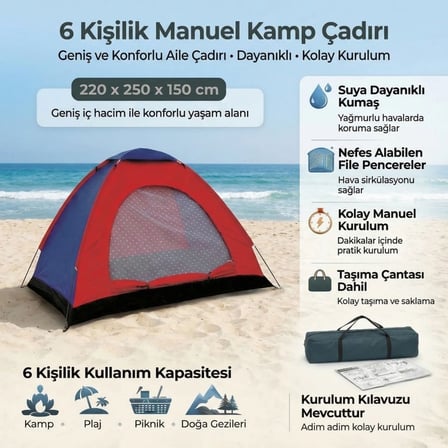 6 Kişilik Manuel Kurulum Kamp Çadırı – Aile, Doğa, Piknik ve Outdoor Kamp Çadırı 220x250x150 cm (2)