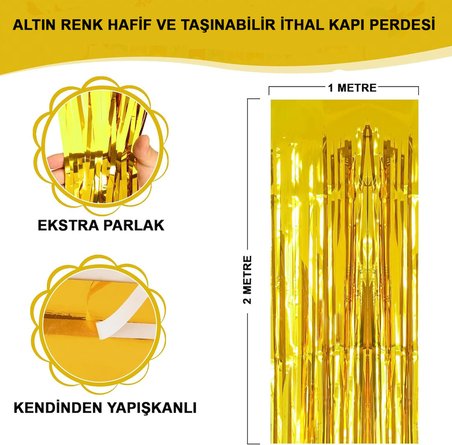 Altın Gold Renk Ekstra Metalize Parlak Saçaklı Arka Fon Perde İthal A Kalite 1x2 Metre (2)