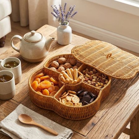 Kapaklı 5 Bölmeli Plastik Rattan Organizer Kutu – Hasır Desenli Çok Amaçlı Saklama ve Sunum Sepeti Ç