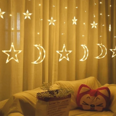 Ay ve Yıldız Figürlü Kumandalı 12 Sarkıtlı 120 LED Dekor Işık – Dekoratif Ortam ve Masaüstü Aydınlat