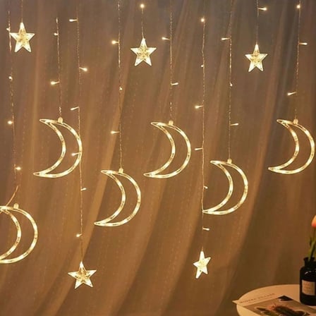 Ay ve Yıldız Figürlü Kumandalı 12 Sarkıtlı 120 LED Dekor Işık – Dekoratif Ortam ve Masaüstü Aydınlat