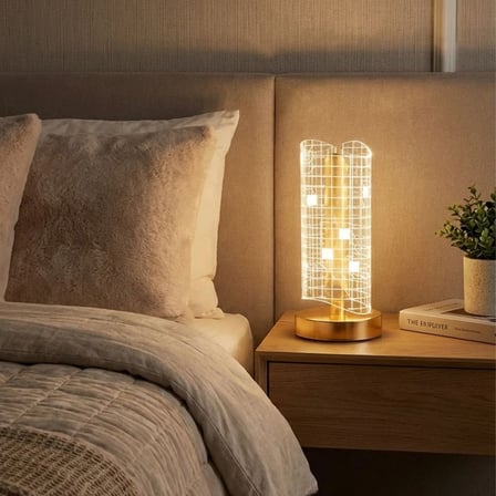 Dalgalı Silindirik Kristal Kareli Model LED Masa Lambası – Gold Tabanlı, Dokunmatik, 3 Renk Işık Mod