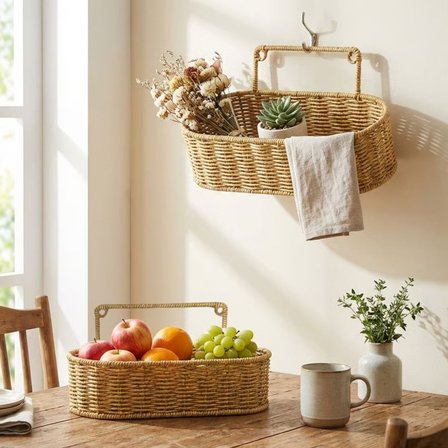 2’li Duvar Askılı Plastik Rattan Organizer – Oval Hasır Görünümlü Mutfak Raf Sepeti, Banyo ve Ev İçi