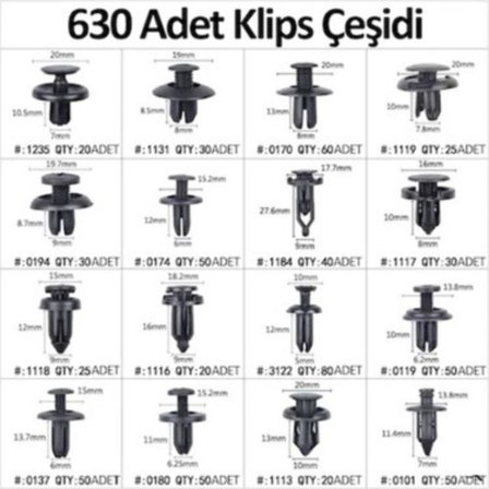 630 Adet Trim Klips Seti – Oto Panel, Kapı Döşeme, Tampon ve Pervaz İçin Evrensel Raptiye Bağlantı E