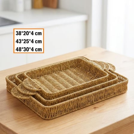 İç İçe Geçebilen 3’lü Dikdörtgen Plastik Rattan Tepsi Seti–Hasır Görünümlü Çok Amaçlı Servis ve Sunu