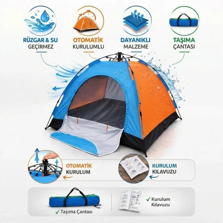 6 Kişilik Otomatik Kurulum Kamp Çadırı – Outdoor Aile, Doğa, Suya Dayanıklı Hızlı Kurulum Çadır 220x