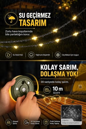 Çok Fonksiyonlu Kamp Lambası 1200 mAh Bataryalı ve 10 Metre RGB Işık Şeridi