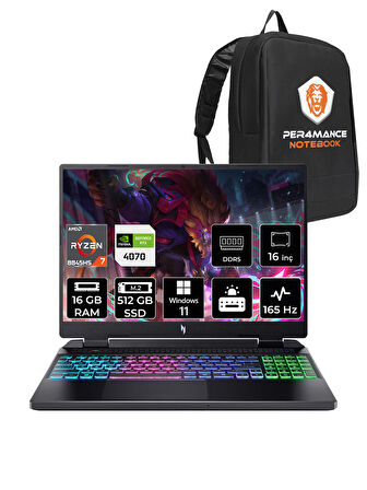 ACER Nitro 16 R7-8845HS 16GB 512GB SSD RTX4070/8GB 140W 16'' 165Hz WQXGA W11P & PER4 ÇANTA