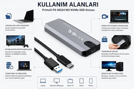 PrimeX PX-M224 M2 NVMe SSD Kutusu, TypeC-USB3.1/3.2 NVMe SSD Kutusu, Harici USB-C PCIe NVMe M.2 SSD Hdd Kutusu, Alüminyum Harici SSD Kutu